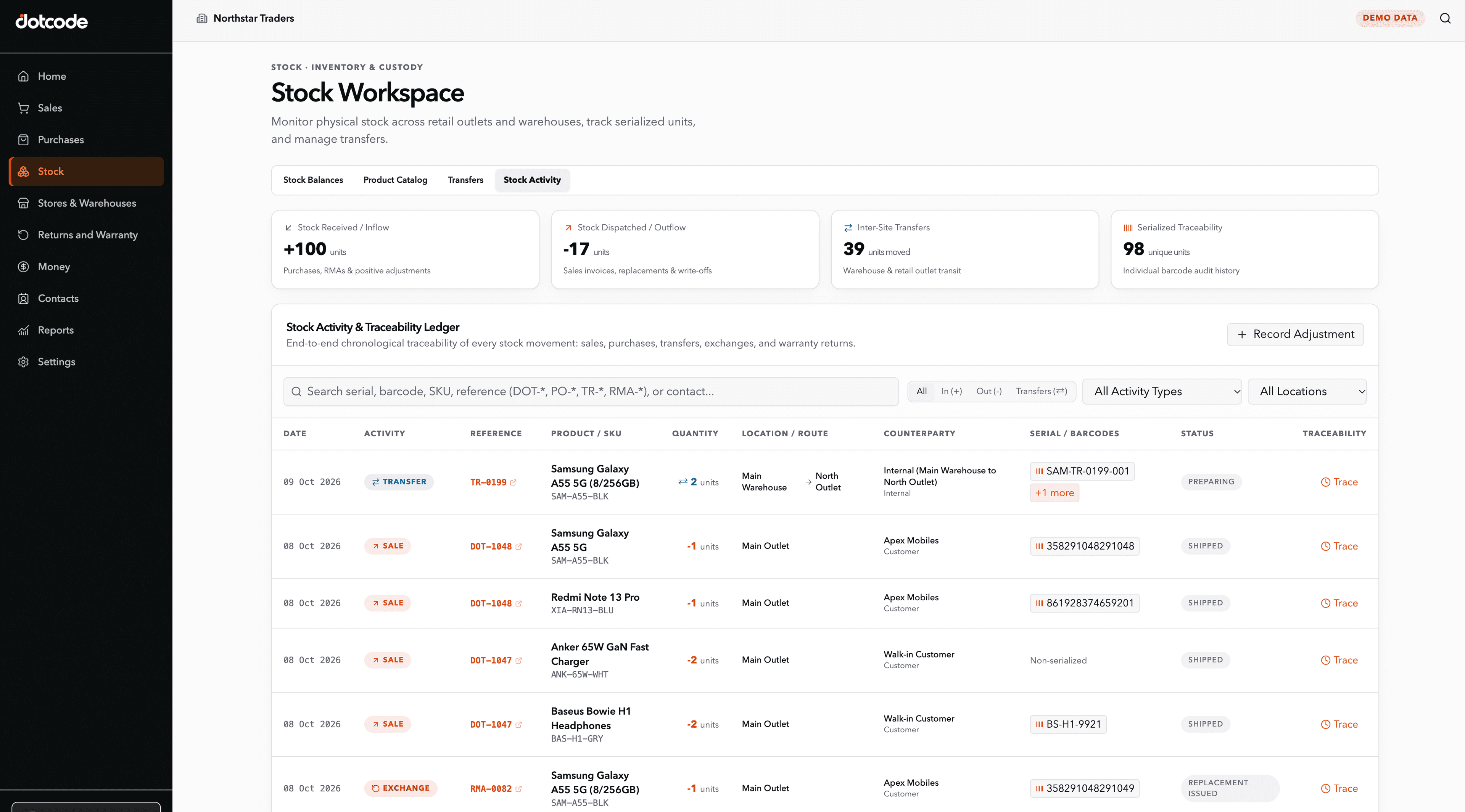 QuickAccounts stock activity ledger showing serialized sales, transfers and warranty returns