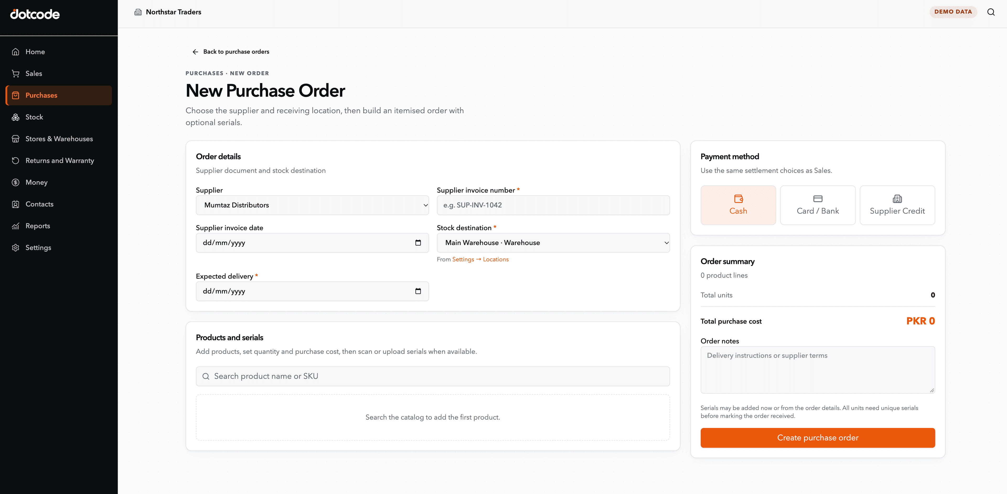 QuickAccounts purchase order screen with supplier, warehouse, products, serials and payment method fields
