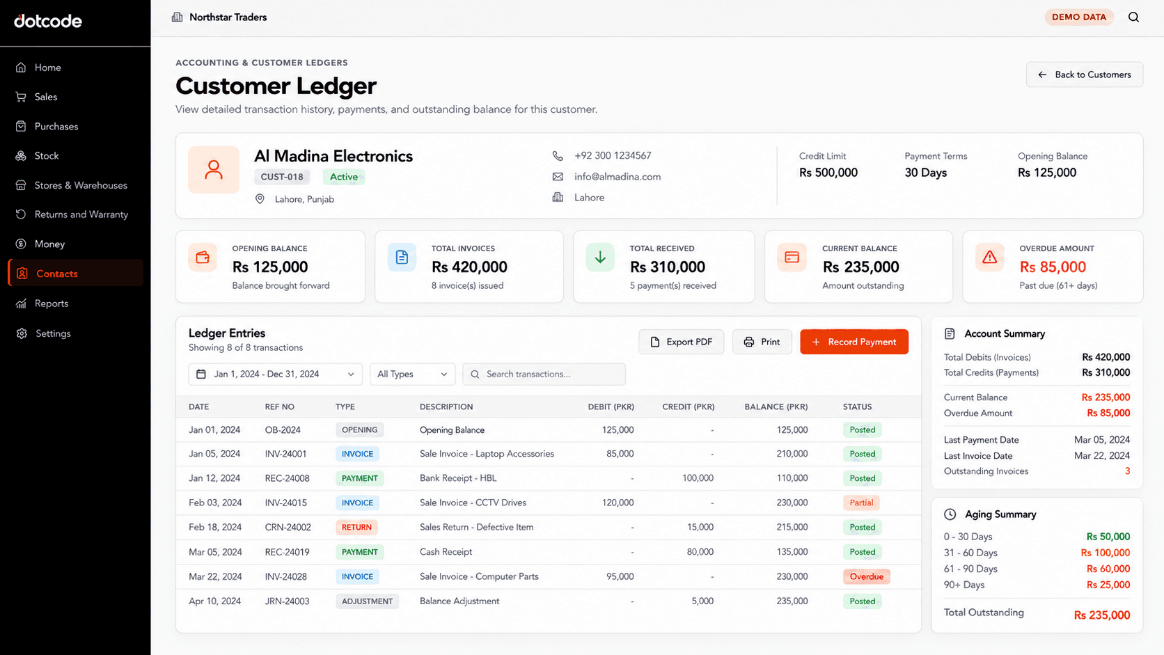 QuickAccounts customer ledger showing invoices, payments, balances and aging
