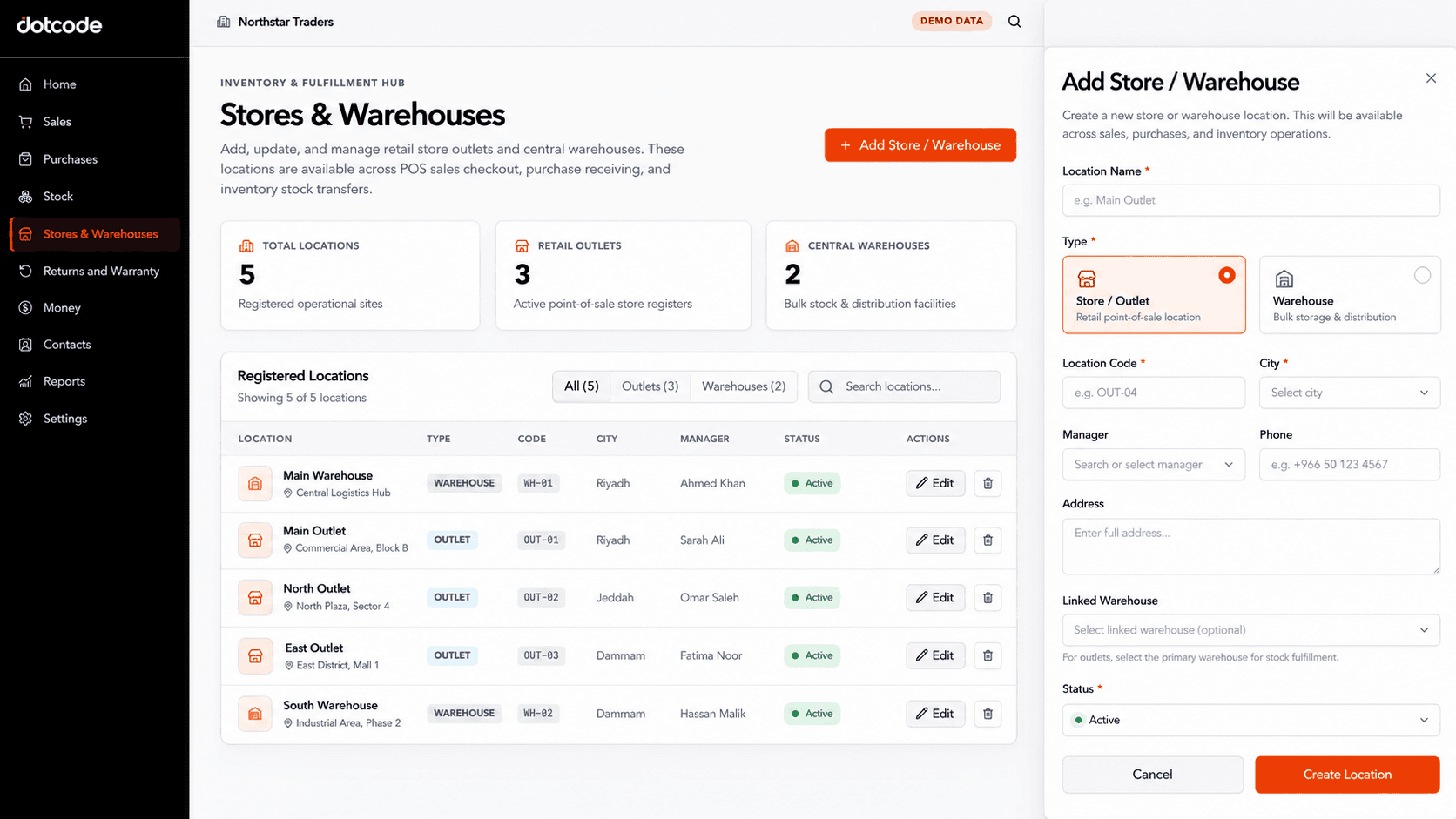 QuickAccounts stores and warehouses screen with location records and an add-location form