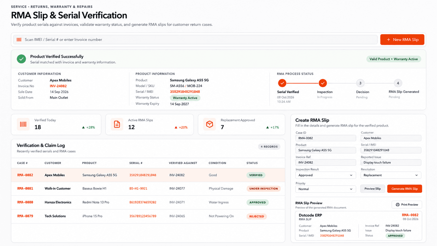 QuickAccounts RMA screen showing serial verification, warranty status and claim stages